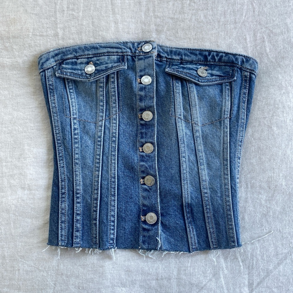 Zara button up denim strapless corset top small